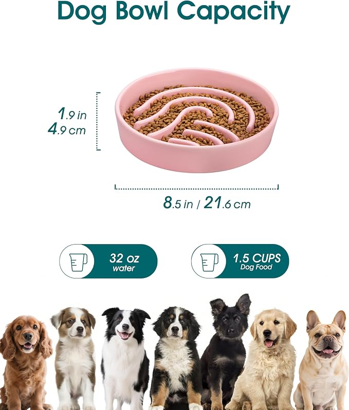 vancasso Slow Feeder Dog Bowl, 1.5 Cup Ceramic Slow Feeding Food Dish for Small and Medium Breed, Puzzle Dog Food Bowl for Fast Eater, Pink - Image 2