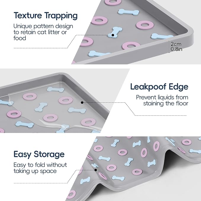 Silicone Cat Litter Mat 40" x 28" Cat Mat for Litter Box, Light Grey | Extra Large Litter Box Mat, Waterproof Cat Litter Trapping Mat, Non-slip, Leakproof Kitty Litter Mat with Bone Pattern - Image 3