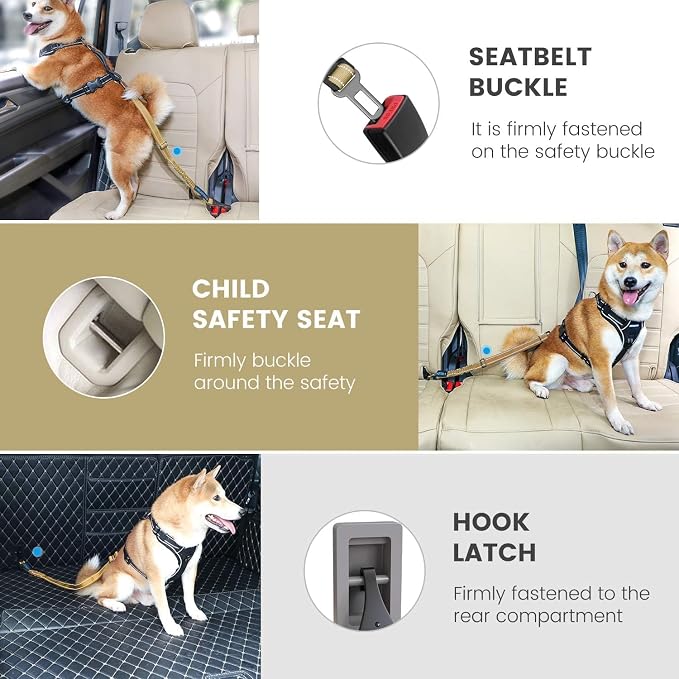 IOKHEIRA Dog Seat Belt 3-in-1 Car Harness for Pets Adjustable Safety Seatbelt Nylon Reflective Bungee Fabric Dog Car Harness with Clip Hook Latch & Buckle, Swivel Zinc Alloy Carabiner (Green) - Image 6
