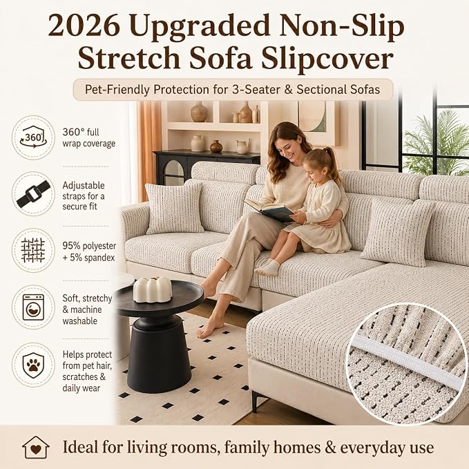 Stretch Sofa Slipcover, 2026 Upgraded Non Slip Couch Cover with Adjustable Straps, Pet Dog Cat Friendly Furniture Protector for 3 Seater, Washable for Living Room - Image 5