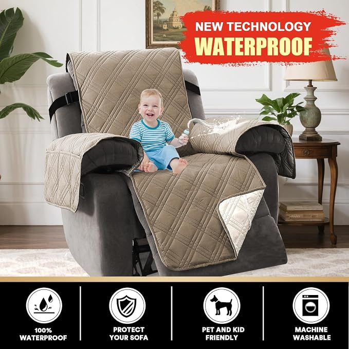 PrinceDeco Recliner Cover 100% Waterproof Couch Cover Sofa Cover for Living Room Water Resistant Furniture Protector with Elastic Straps for Pets Dog(Recliner28,Taupe) - Image 3