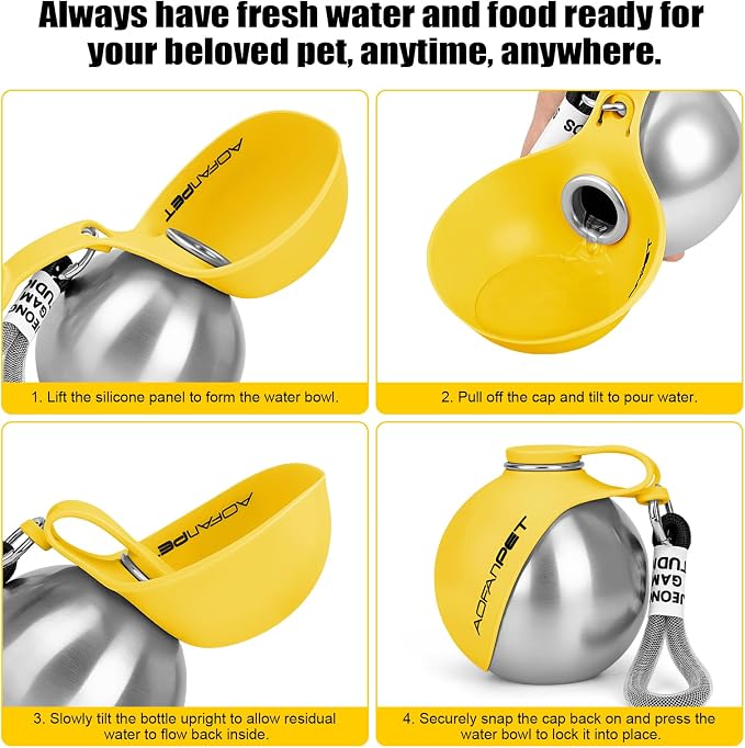 Portable Dog Water Bottle 10oz Stainless Steel Travel Dog Water Dispenser with Bowl No-Spill Puppy Water Bottle for Walking Hiking Small Dog Water Bottle (Yellow) - Image 3