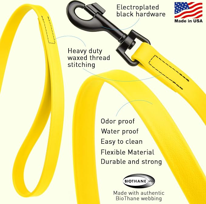 Dogline Biothane Waterproof Dog Leash Strong Coated Nylon Webbing with Black Hardware Odor-Proof Easy to Clean High Performance for Small or Large Dogs Made in USA 4 or 6 ft Lead, Lemon Yellow - Image 2