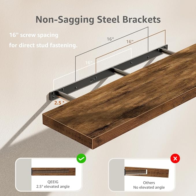 QEEIG Floating Shelves for Wall 39.4" Long - Wall Mounted Shelf Bathroom Kitchen Living Room Bedroom Farmhouse Home Decor Display Bookshelf Large 39.4 x 9.3 inch Set of 2, Rustic Brown (008-100BN) - Image 4