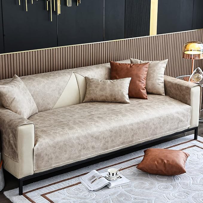 vctops Vintage Leather Look Sofa Cover Water Resistant Non-Slip Sectional Couch Cover Sofa Slipcover for Dogs, Children, Pets Furniture Protector (Beige,43"x43") - Image 3