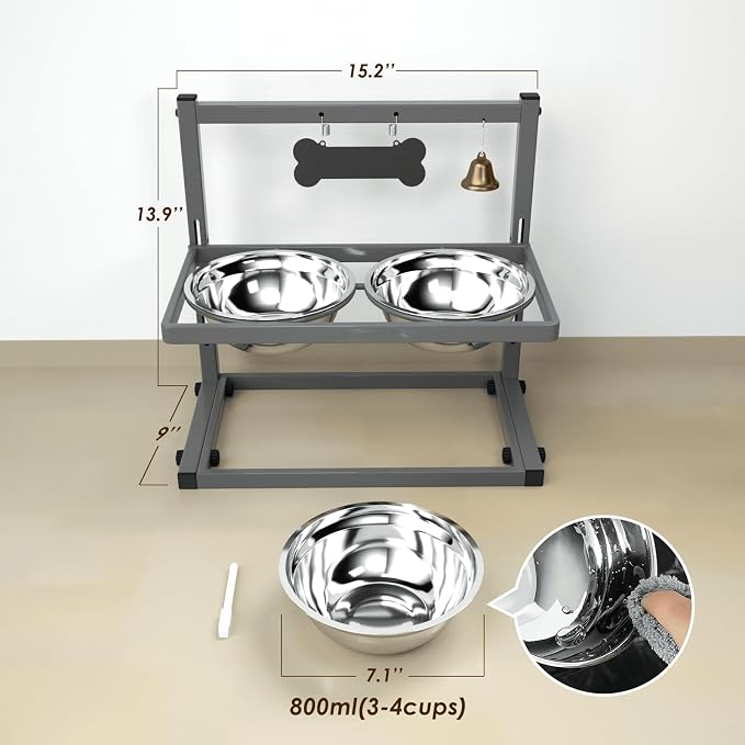 SHAINFUN Elevated Dog Bowls - Raised Stand with 2 Stainless Steel Bowls, Adjustable Height Feeder for Small and Medium Dogs, Puppies, Cats - Grey - Image 5