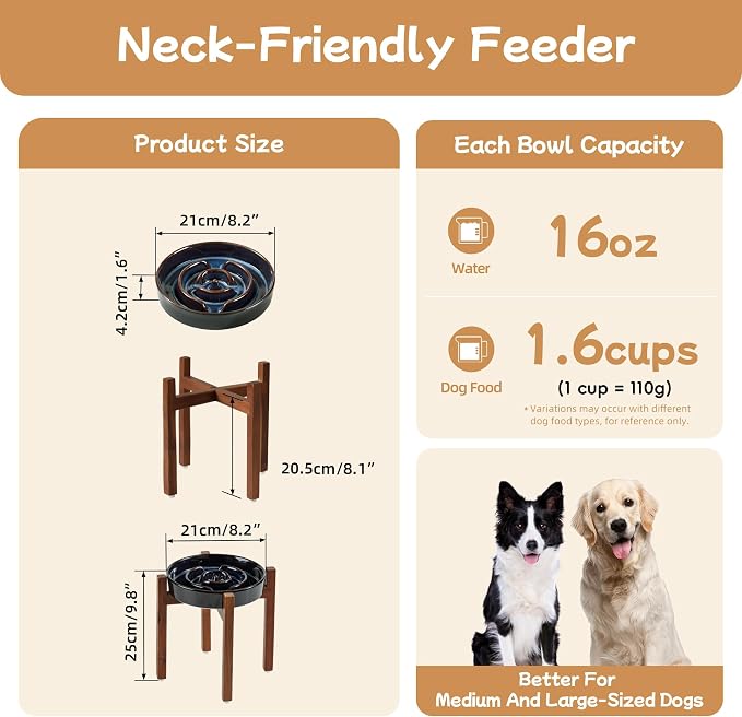 Havniva Raised Slow Feeder Dog Bowls, Elevated Dog Bowls Slow Feeder | 1.6 Cups Ceramic Dog Bowl Elevated with Acacia Wood Stand, Raised Dog Food Bowl, Puzzle Slow Feeder for Medium Dogs, Non-Slip - Image 2