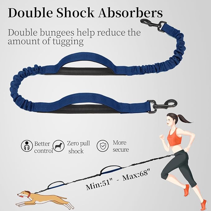 Hands Free Dog Leash with Zipper Pouch, Large, 25-120LB, True Navy | Waist Leash, Dual Padded Handles, Shock-Absorbing Bungee, Adjustable Waist Belt, Walking and Running - Image 5