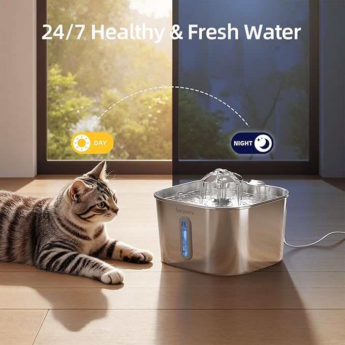 Cat Water Fountain Stainless Steel：74oz/2.2L SARPAWS Water Fountains for Cats Indoor, Cat Fountains for Drinking, Ultra-Quiet, Water Level Window, Pet Water Fountain - 6 Filters + 3 Sponges - Image 3