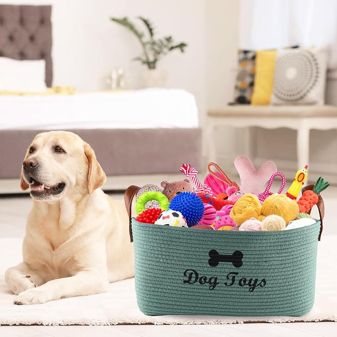 Geyecete X-Large Cotton Rope Dog Basket with Leather handle Blanket Storage Basket Decorative Clothes Hamper Basket | Extra Large Baskets for Blankets or Laundry-Geen - Image 7