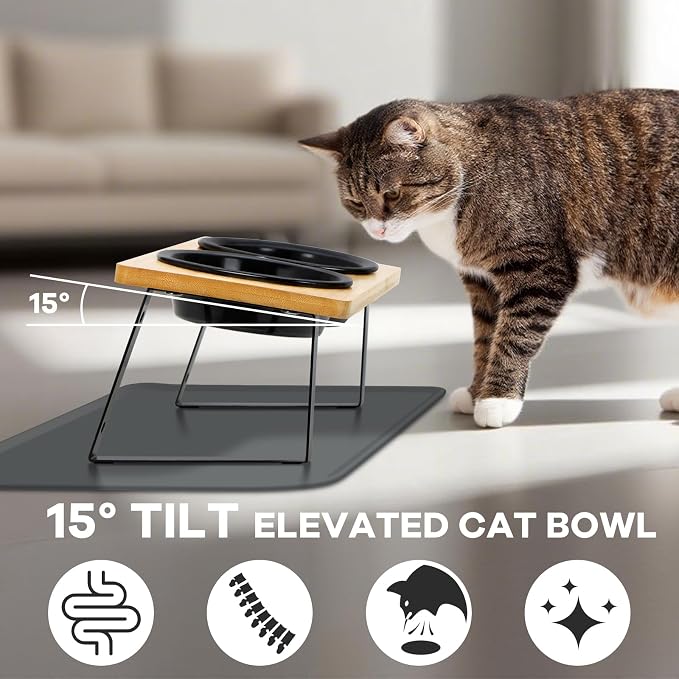 LEAWALK Upgraded Adjustable Height Cat Food Bowls Stand Ceramic Dog Bowls and Slow Feeder Cat Bowl, 15°Tilted Stand Anti Vomiting Raised for Small and Medium Sized Cats Dogs (Black) - Image 3