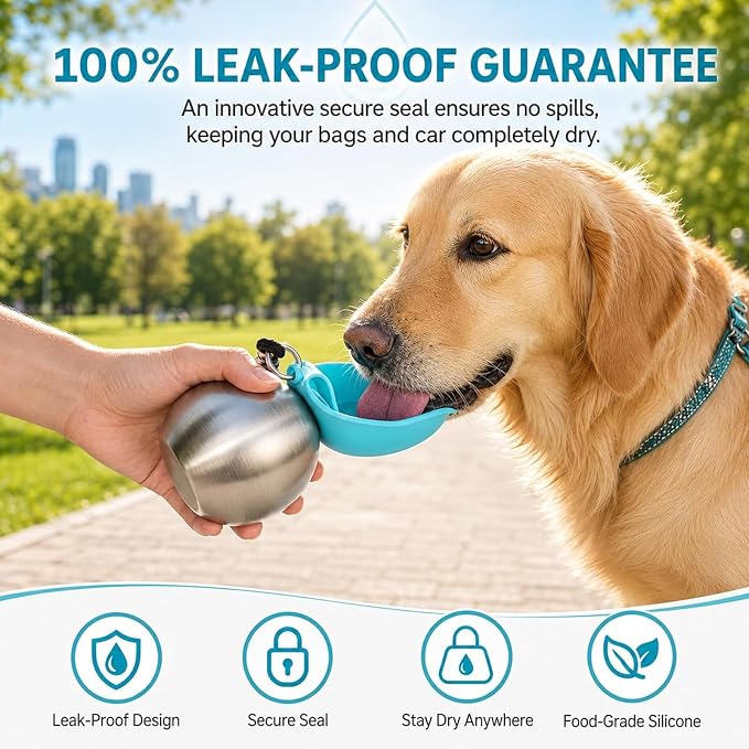 2 in 1 Portable Tumbler for Dogs, Portable Dog Water Ball, 10oz Stainless Steel Pet Water Dispenser with Silicone Foldable Bowl, Leak Proof, Portable Small Dog Water Bottle for Walking, Hiking(Pink) - Image 6