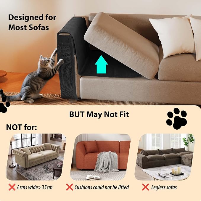 Couch Protector from Cat Claws - Cat Scratch Sofa Protector Universal Fit on Both Arm Sides with Black Sisal Pad for Leather and Fabric Sofa,27.5 * 19.7 inch Expanded Coverage Sisal Area(Black) - Image 5