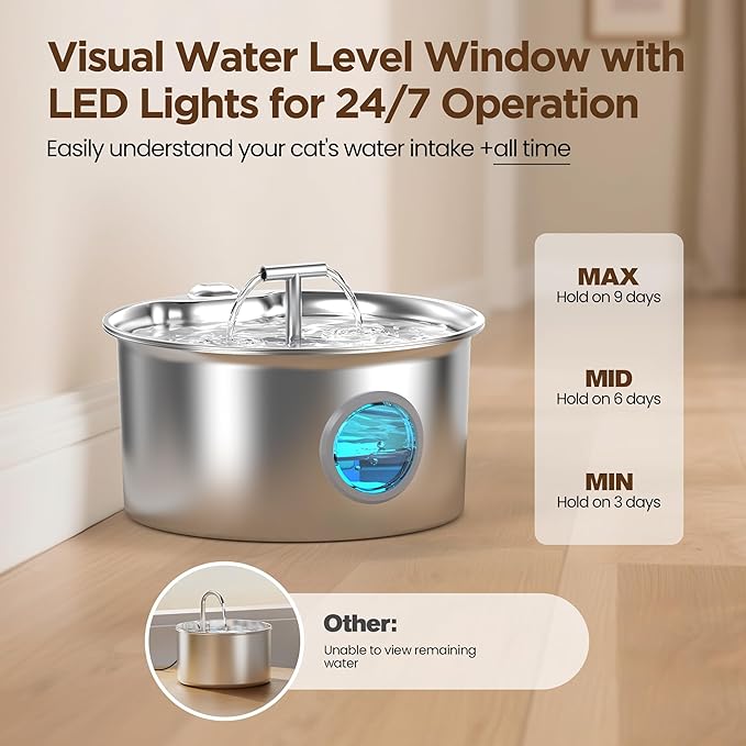 Cat Water Fountain Stainless Steel: Cat Fountain for Drinking with Filter - Pet Water Fountain for Cats Indoor - Automatic Pet Water Dispenser Bowl - 6 Carbon Filters & 3 Foam Filters - Image 3