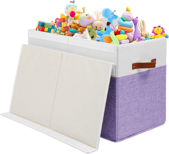 Large Toy Storage Box with Lid, Toy Chest Bin Boxes Basket with Dividers | Sturdy Toy Organizer Bin for Kids, Boys, Girls, Nursery, Living Room, Bedroom, Playroom 25"x13" x16" (Purple and White) - Image 6