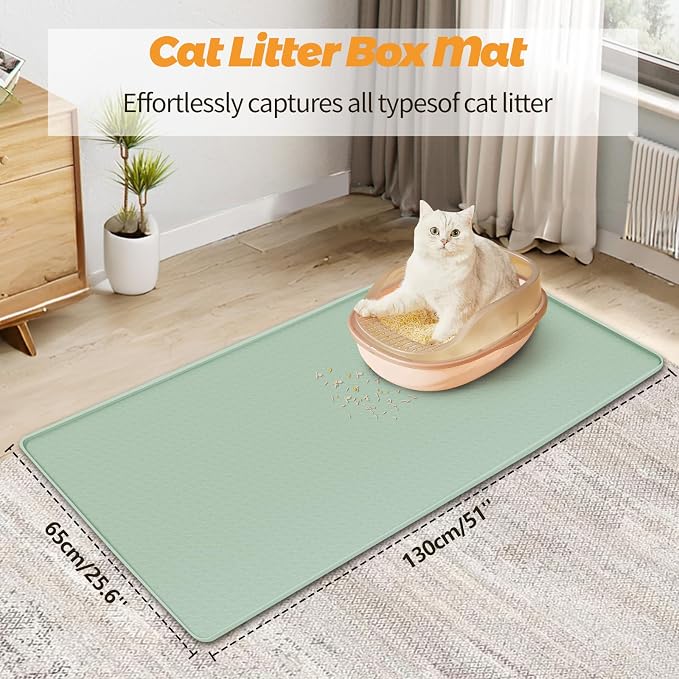 Cat Litter Mat for Litter Box 51"x25.6" Extra Large Silicone Mat, Green | Waterproof Non-Slip Litter Box Mat with Raised Edges, Cat Litter Trapping Mat for Pet, Cat Litter Rug for Floor - Image 2