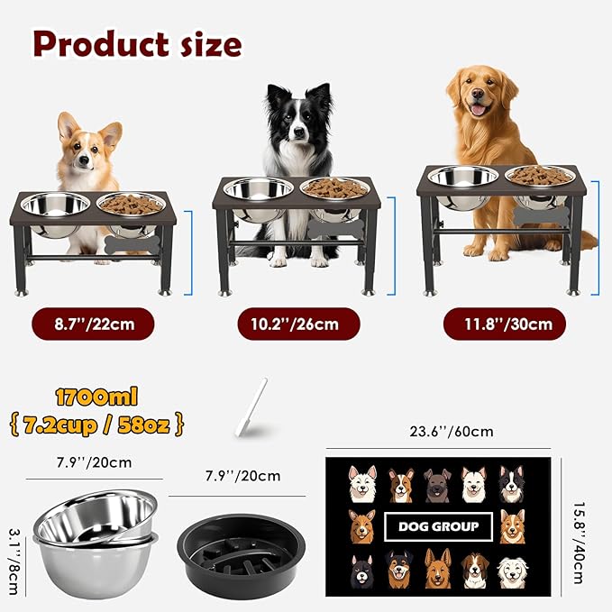 SHAINFUN Elevated Dog Bowls with Slow Feeder & Mat for Medium and Large Dogs, 12" Tall Adjustable Wooden & Metal Raised Dog Bowl Stand, 2 Stainless Steel 58oz Bowls for Food & Water - Image 3