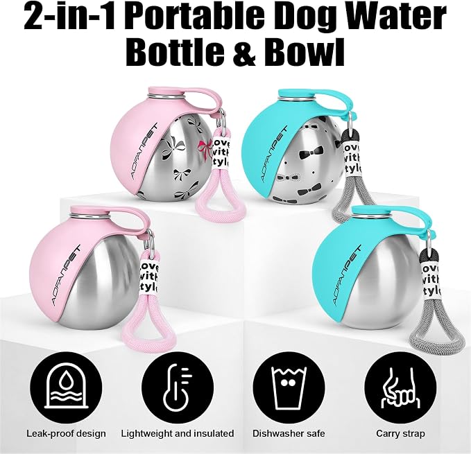 Portable Dog Water Bottle 10oz Stainless Steel Travel Dog Water Dispenser with Bowl No-Spill Puppy Water Bottle for Walking Hiking Small Dog Water Bottle (Pink Bow Print) - Image 7