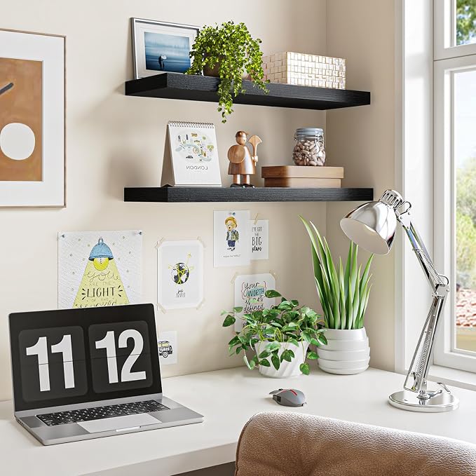 Fixwal Floating Wall Shelves for Decor (Black, Set of 2, 22Inch) | MDF Shelf with Metal Brackets, Space Saving for Books , Decor, Fits Bathroom, Kitchen, Bedroom, or Office - Image 4