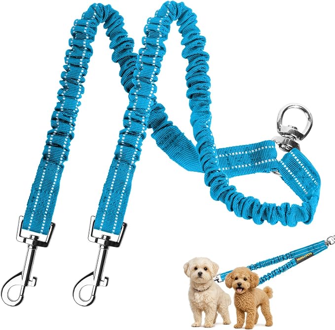 MingXpet 2 Dog Leash, Dog Leash for 2 Dogs, 360° Swivel No Tangle Double Walking Training Leashes for Small Dogs, Comfortable Shock Absorbing Reflective Bungee, Blue by MingXpets