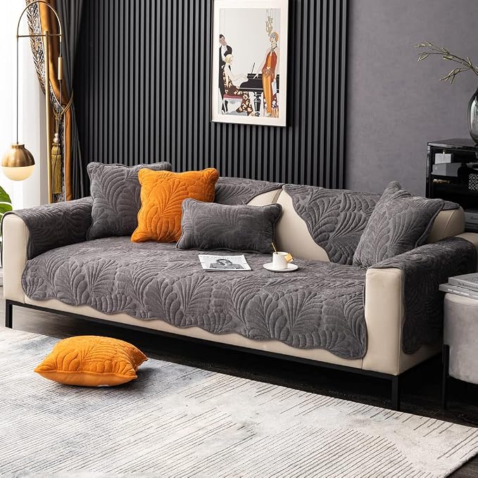 Couch Covers Plush Quilted Sofa Covers for Sectional Sofa Washable | Palm Leaves Couch Cover Chenille Non Slip Sofa Covers Soft Sofa Slipcover Furniture Protector for Pets Kids Children Dogs Cat - Image 3