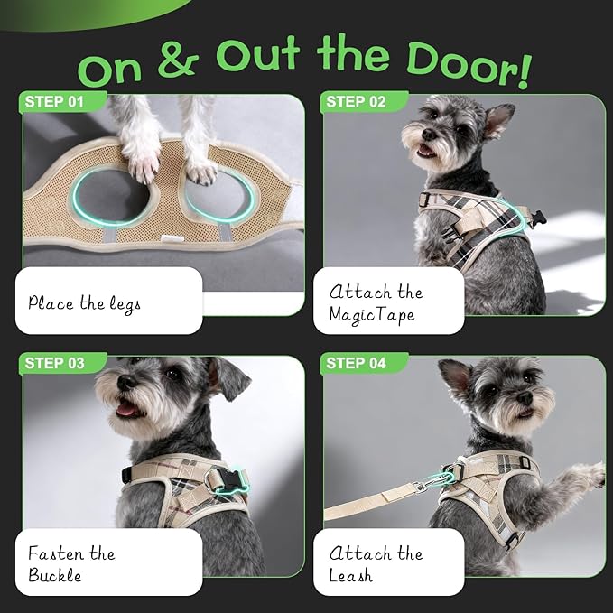 Plaid Small Dog Harness and Leash Set with AirTag Holder - Soft Padded Step in Dog Vest Harness Medium Sized Dog, No Pull Reflective Puppy Harness, Collar and Leash for Walking, Khaki XXS - Image 4
