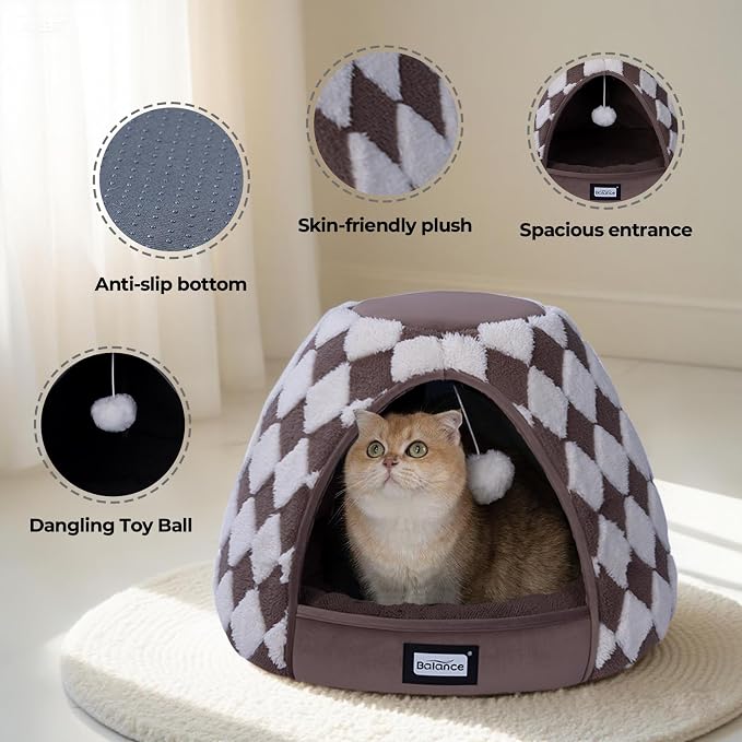 BALANCE Cat Beds for Indoor Cats, 2-in-1 Cat Bed Cave with Anti-Slip Bottom and Ultra-Soft Plush, Cozy Cats House Tent for Kittens and Small Dogs, 19 Inches, Dark Brown - Image 4