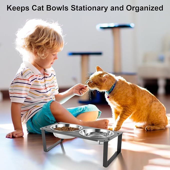 2 Set Elevated Cat Food Water Bowls, 4 Stainless Steel Bowls for Indoor Pet with Cute Metal Stand, 10° Tilted Anti-Vomiting Wide Shallow Raised Cat Dishes Whisker Friendly for Multiple Kitten,Puppy - Image 6