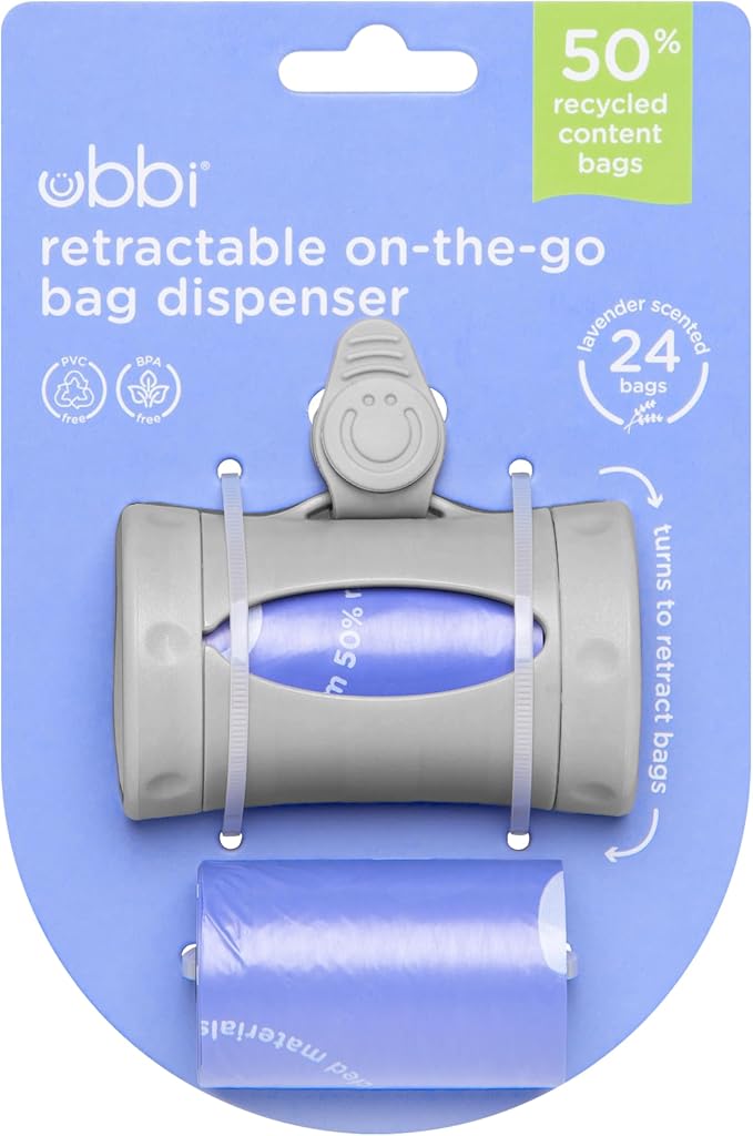 Ubbi Retractable Bag Dispenser for Diaper Bag, Gray | Portable Bag Holder for Travel, Clips to Stroller or Diaper Bag, Newborn Baby Essentials, Includes 24 Lavender Scented Bags - Image 7