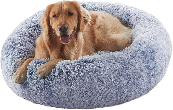36 inches Faux Fur Fluffy Donut Dog Bed for Large Dogs,Dark Blue | Calming Plush Round Pet Bed with Removable & Washable Cover,Fits up to 80 lbs Pets by BedStillLoveStill