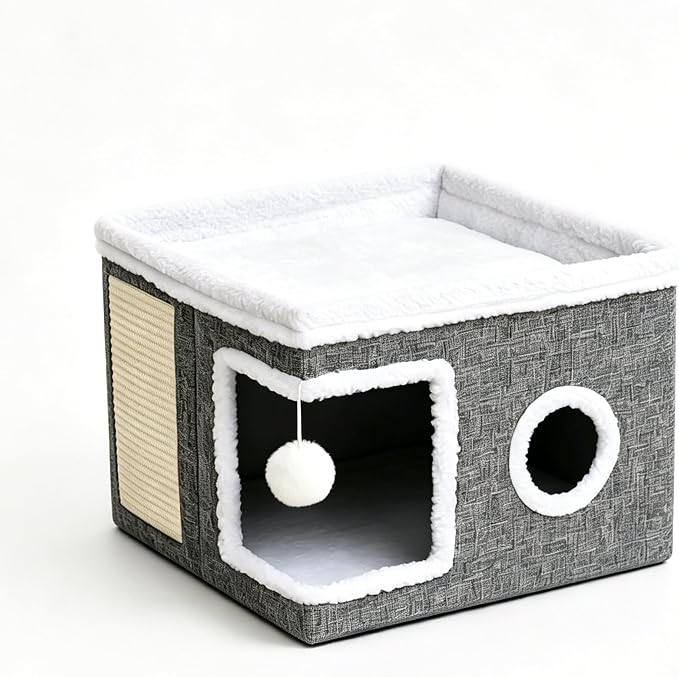 Foldable Cat Cave Bed for Indoor Cats, Cat Hideaway House with Hanging Fluffy Ball & Scratch Pad, Side with Toy Storage and Summer Cooling Mat, 16.14x16.14x12.2 Inches, Grey - Image 9