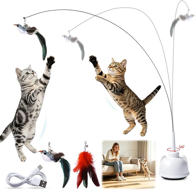 Interactive Cat Toys for Indoor Cats Toy Wand 360° Flying Bird Cat Toy | 2 Speed Adjustable Flying Bird Cat Toy Automatic Cats Toys with Self ON/OFF Feather Toy Suction Cup Electric Cat Teaser Wand by TMQKAE