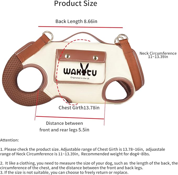 Wakytu Dog Lift Harness Dog Carrier Sling for Small Dogs & Cats,S | stylish puppy sling carrier with handle & pocket,adjustable leash,walking & travel - Image 5