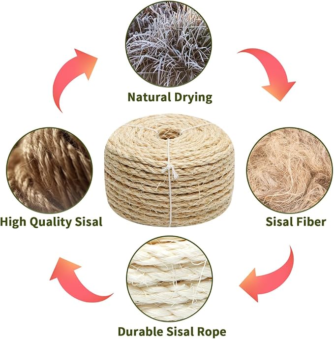 Natural Sisal Rope 1/4 Inch by 32-Feet for Cat Scratching Post Tree Tower Replacement Repair and Replace, DIY Hemp Twine Rope for Kittens Shelves Furniture Window Bed Perch House, 6mm by 10m - Image 4