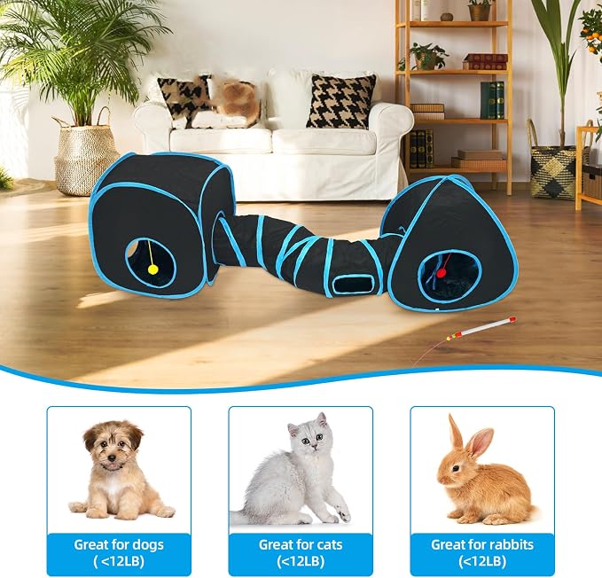 Cat Tunnels for Indoor Cats with Tent Cube and Feather Toy Collapsible Combo, Pop Up Cat Play Tunnel with Interactive Cat Toy Ball for Kitten, Ferret, Puppy, Guinea Pig, Rabbit, Bunny, Blue - Image 5