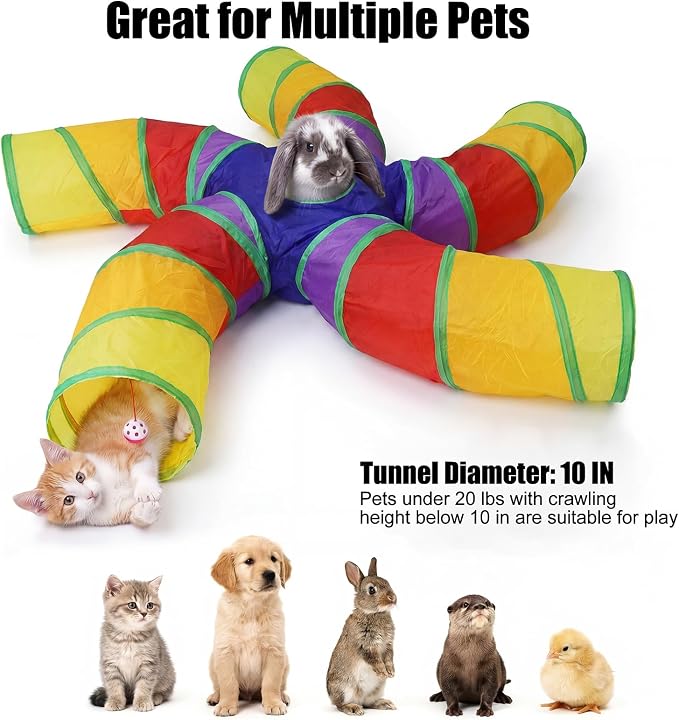 Bemodst S-Type Cat Tunnel, 2 Way/3 Way/4 Way/5 Way Collapsible S-Shape Small Animal Tubes Kitty Tunnels Interactive Maze House Toy with Storage Bag for Kitten Puppy Rabbit Guinea Pig (Rainbow-5 Way) - Image 2