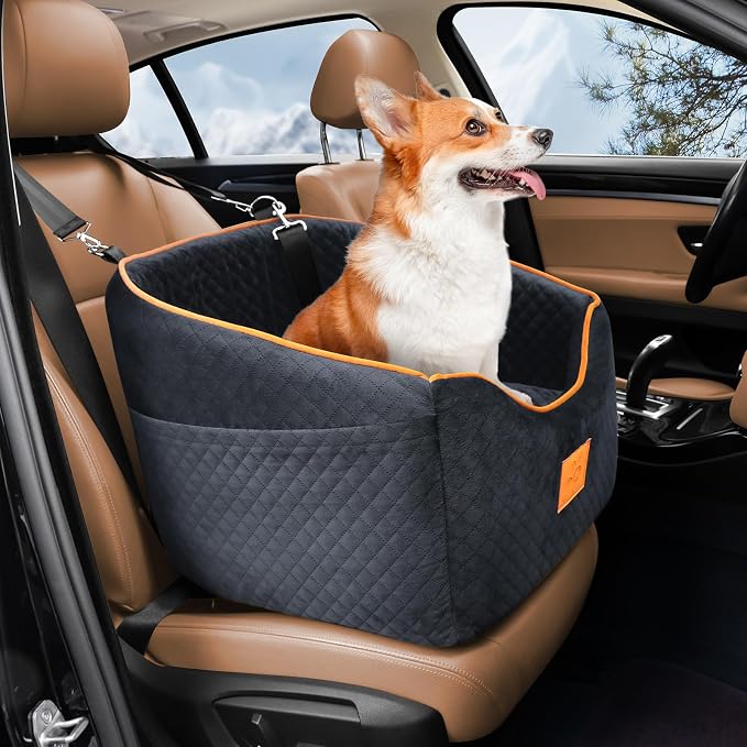 XIEEAOZEE Dog Car Seat for Small Dogs, Memory Foam Booster Dog Seat for Dogs up to 35 lbs, Elevated Pet Car Seat with Washable Removable Cover, Storage Pockets (Black) by XIEEAOZEE