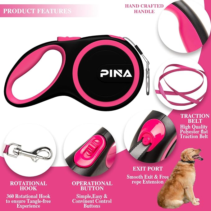 PINA Retractable Dog Leash, 26ft Dog Leash for Small Medium Large Dogs Up to 110lbs, 360° Tangle-Free Strong Reflective Nylon Tape, with Anti-Slip Handle, One-Handed Brake, Lock - 2PACK - Image 2