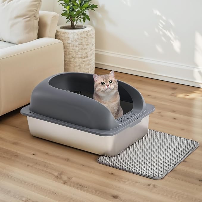 OLIXIS Stainless Steel Large Cat Litter Box with Lid, High Wall Sides | Large Cat Litter Box for Big Cats, Anti-Urine Leakage, Easy Cleaning, Scoop and Mat Included, Dark Gray - Image 7