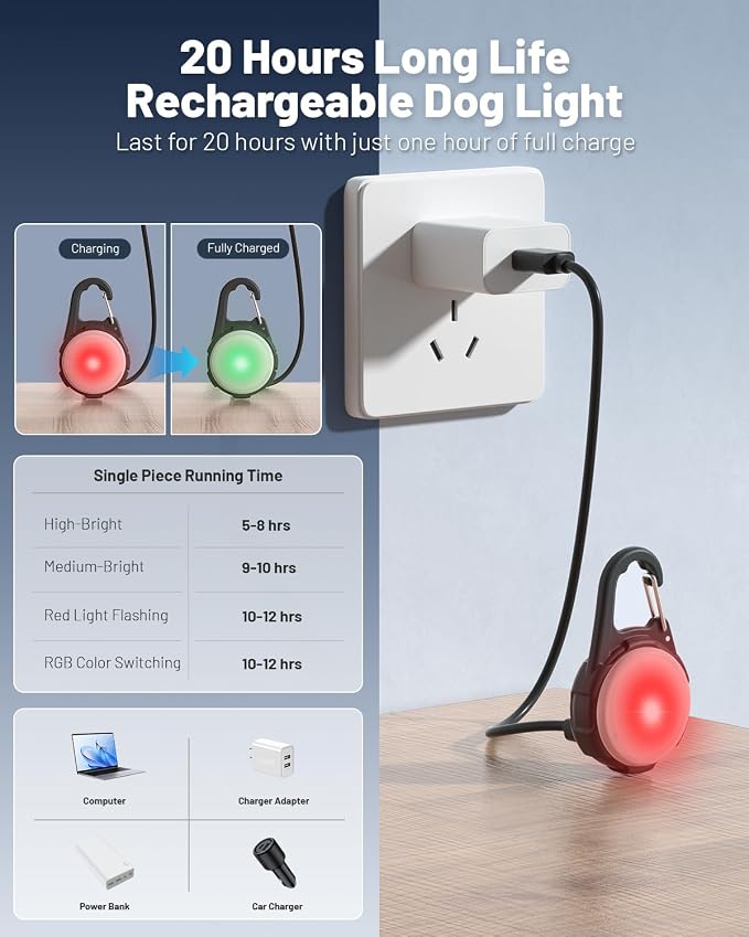 Dog Lights for Night Walking, 2 Packs LED Collar Light, 4 Modes Light for Walking at Night, Waterproof Dogs Walk Lights, Rechargeable Collar Lamp for Nighttime Clip On, for Running, Camping, Cycling - Image 4