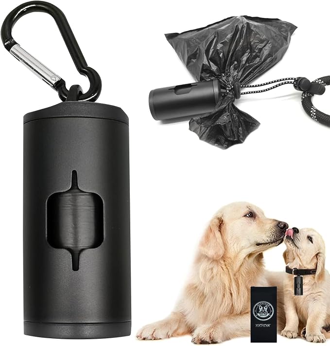 YUCHIYA Aluminum Dog Poop Bags Holder with Carabiner Metal Pet Waste Bags Dispenser with Hook and Loop Fastener and Elastic Cord to Carry Used Bags (Black, 1 Holder 15 Bags) by YUCHIYA