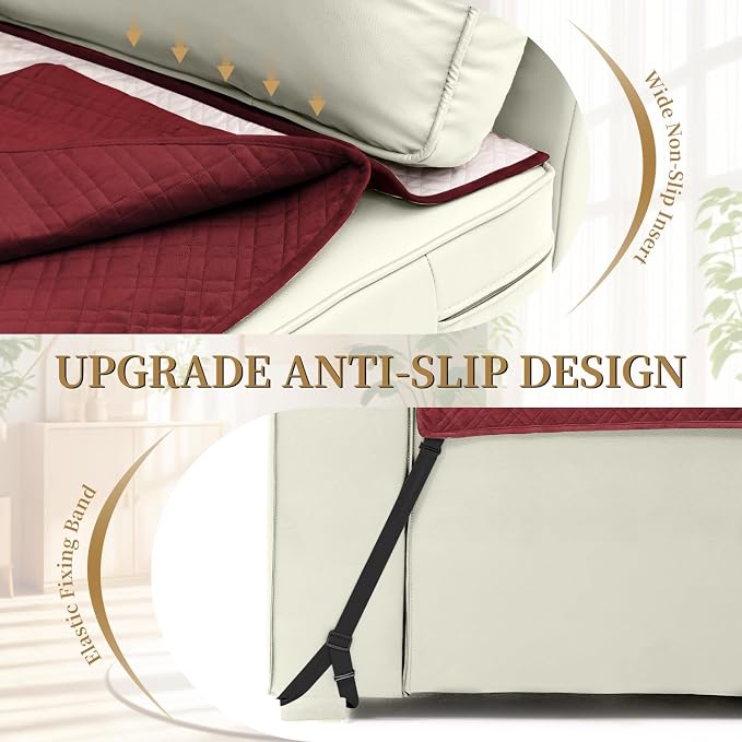 Velvet 100% Waterproof Chair Covers for Living Room Sofa Armchair Cover Washable Couch Arm Chair Slipcovers for Dogs Non Slip Quilted Furniture Protector with Pockets (Small, Wine Red) - Image 3