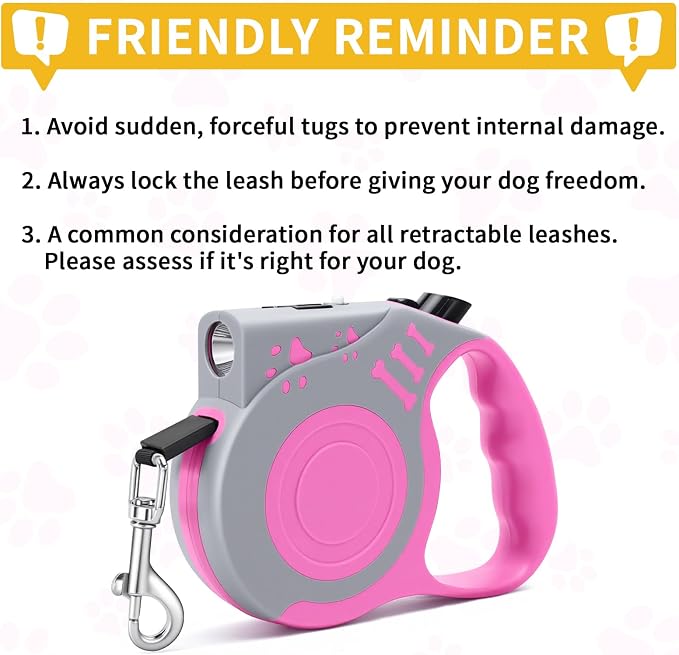Retractable Dog Leash with USB Rechargeable Flashlight, Pink | 16FT Automatic Telescopic Tractor Dog Leash, Durable ABS Case and Comfort Grip, Designed for Small Medium Dogs Up to 30lbs - Image 8