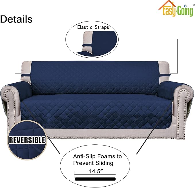 Easy-Going Reversible Couch Cover, 2 Cushion Sofa, Loveseat, Navy/Navy | Machine Washable Slipcover For Dogs, Water Resistant Furniture Mat For Living Room, Non-Slip Sofa Cover, Pet Friendly - Image 3