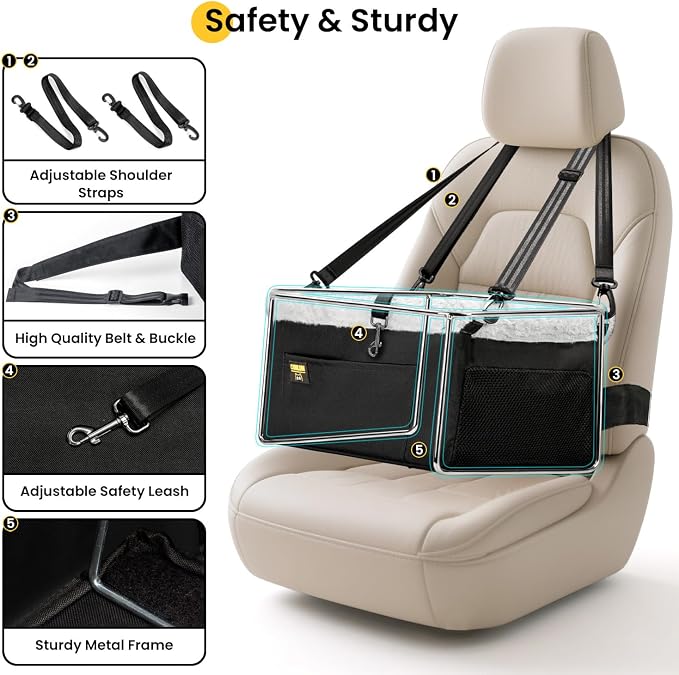 Conlun Dog Car Seat Booster | Steel Frame Anti-Collapse | Small Pet | Black | Heavy-duty Oxford | Rigid Skeleton Stops Wobbling | Leash Prevents Escapes | Elevated Pet Booster for Calm Car Trips - Image 4