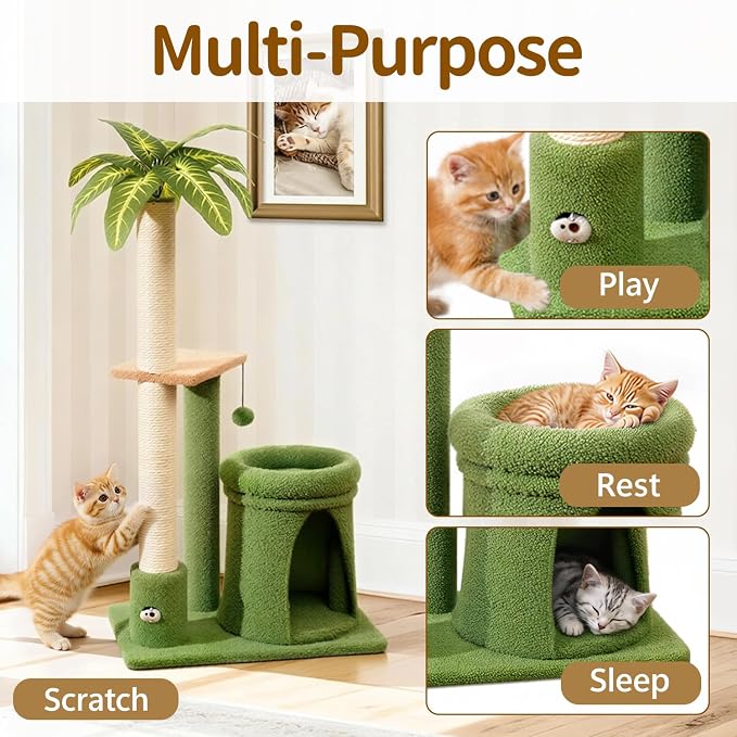 41" Cat Tree Tower Condo Scratch Post Stand for Indoor Small Cats | Palm Tree Compact Space Saving Scratch Post Stand with Cozy Bed, Great for Kitten Climbing, Scratching Playing & Resting - Image 3