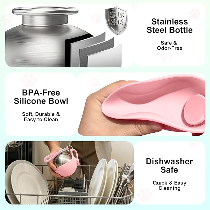 Drain-Back Stainless Steel Portable Dog Water Bottle with Bowl for Walks | 10oz 2-in-1 Leak-proof Pet Water Tumbler, Puppy Water Dispenser Ideal for Small Dogs Travel, Hiking, Park & Beach Trips(Pink) - Image 4