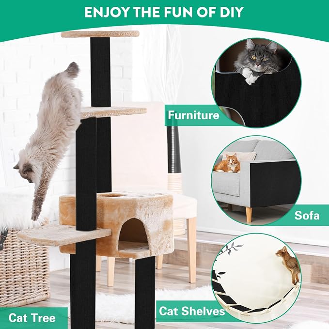 Trimmable Cat Scratcher Mat, Self-Adhesive Cat Scratching Carpet Pad Replacement for Cat Tree Shelves, Cat Steps and Posts, DIY Cat Scratch Couch Furniture Protector (Black, 39.4"x15.8") - Image 6