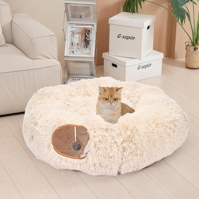 Avont Cat Tunnel Bed, Washable Cushion, Large 3-in-1 Play Tube for Cats | Play, Rest & Snuggle | Spacious for Big Cats | Durable Toggle Design | Removable Washable Cushion | Beige - Image 5