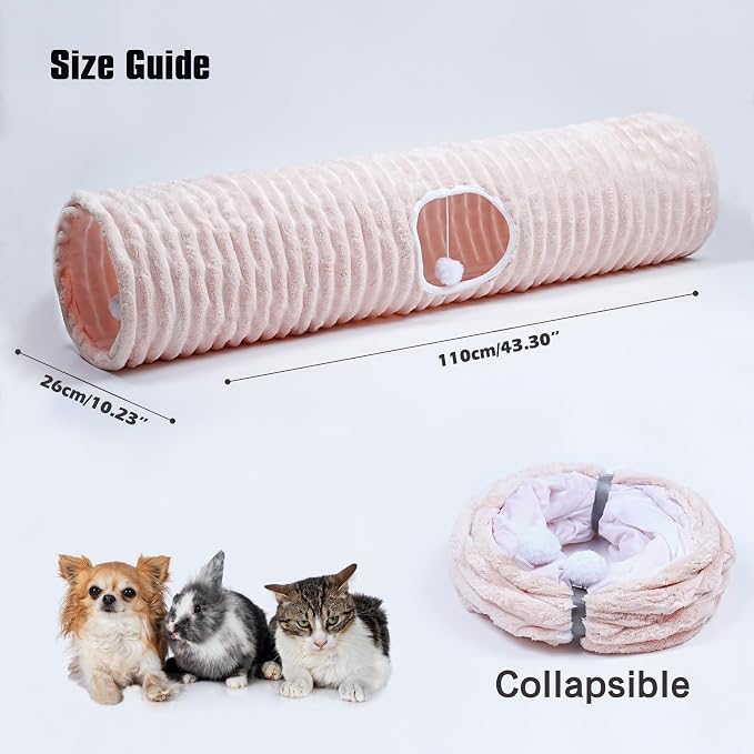 Luxurious Cat Tunnel,43" Straight Cat Tunnel Toys with Balls for Indoor,Collapsible Peekaboo Cave for Kitten（Pink Stripe） - Image 3